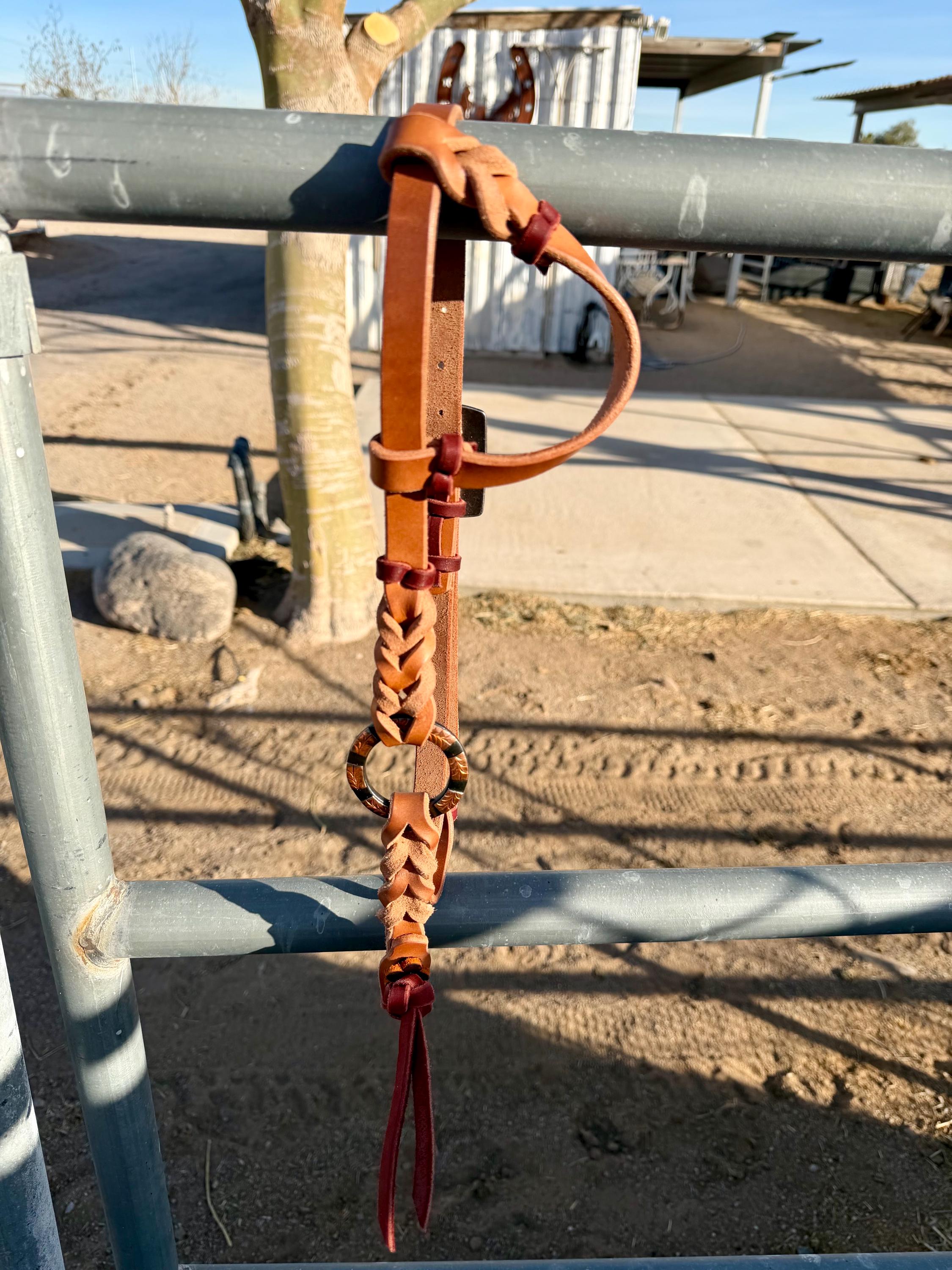 Handmade Harness Leather Bloodknot Headstall, Copper Buckle, copper - engraved o- ring