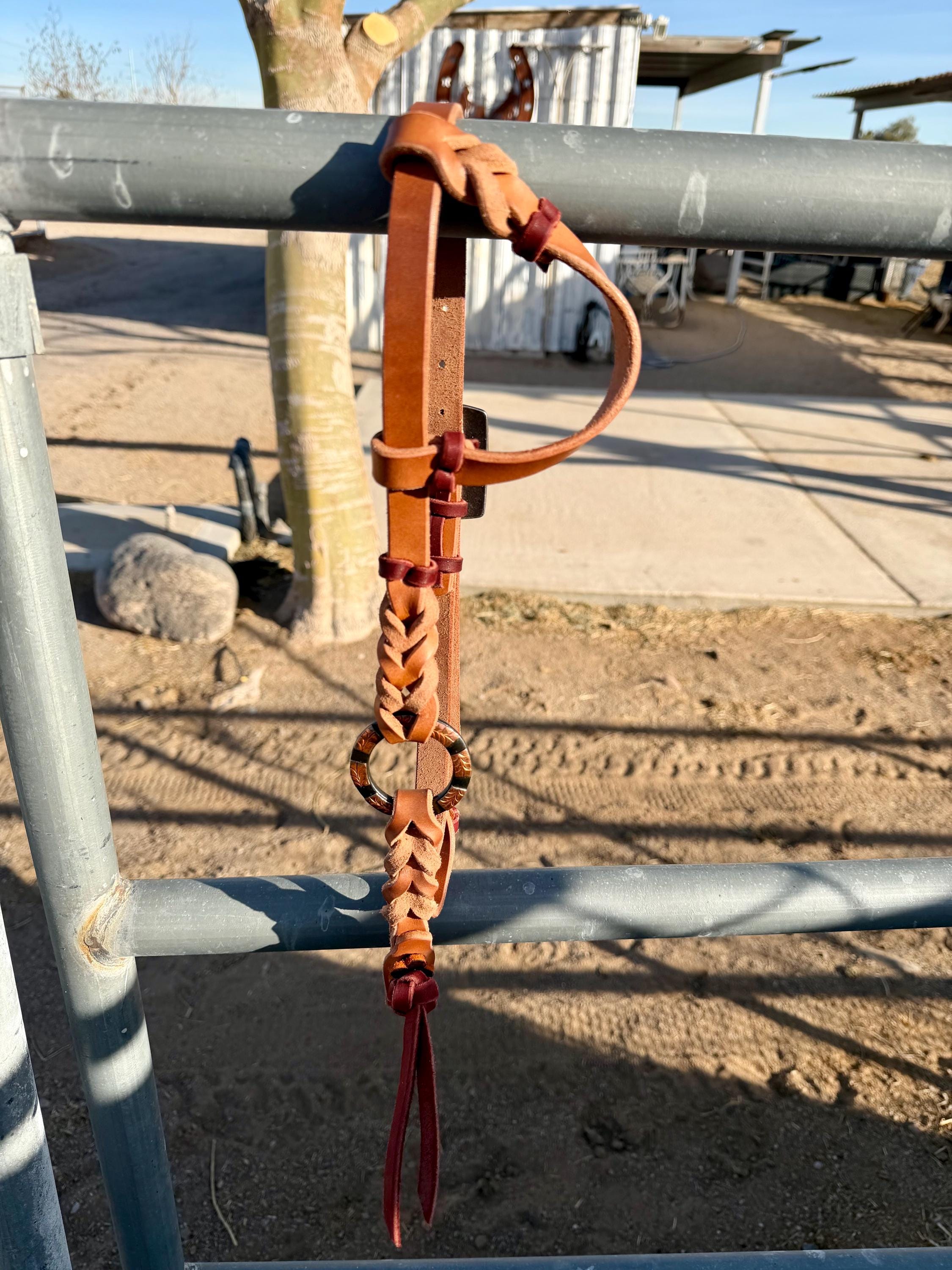 Handmade Harness Leather Bloodknot Headstall, Copper Buckle, copper - engraved o- ring