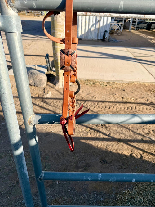 Handmade Harness Leather Bloodknot Headstall, Copper Buckle, copper - engraved o- ring