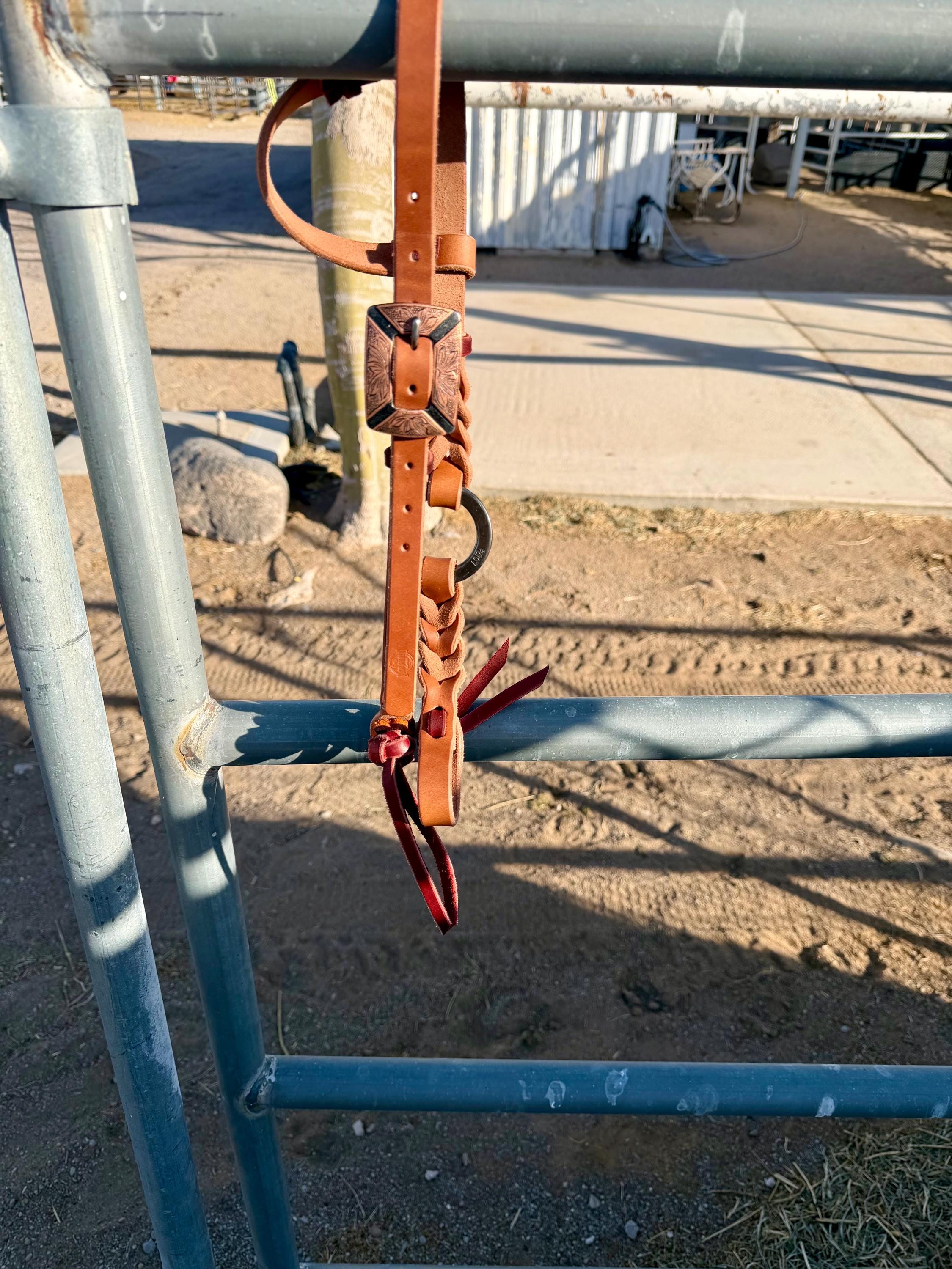 Handmade Harness Leather Bloodknot Headstall, Copper Buckle, copper - engraved o- ring